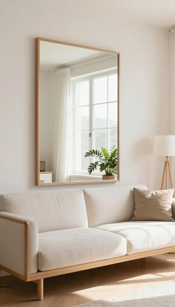 Wide mirror above sofa reflecting window light in bright living room