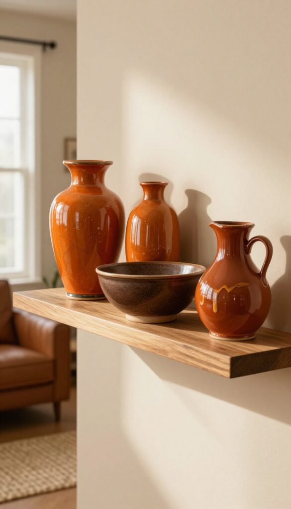 Vintage orange and brown ceramic vases and bowls on a floating shelf in a cozy living room