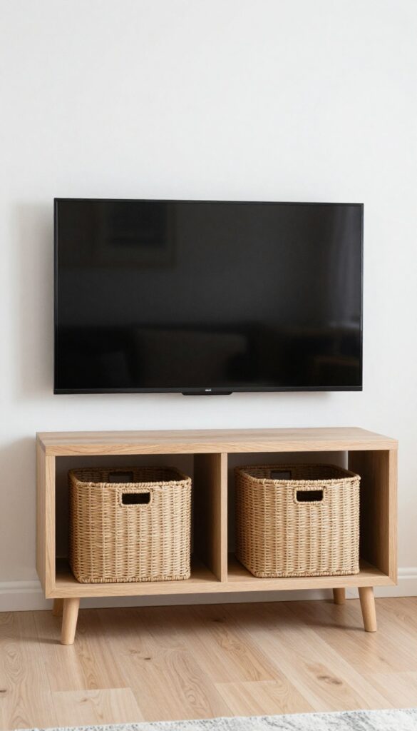 Low media console with woven baskets in a bright living room corner
