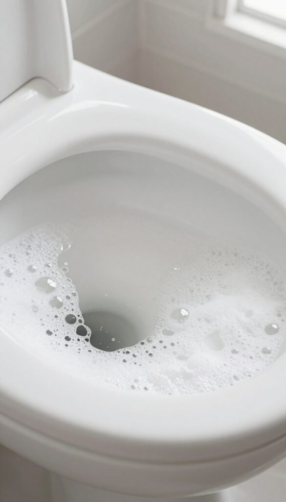 Baking soda and vinegar fizzing in a toilet bowl to clean stains