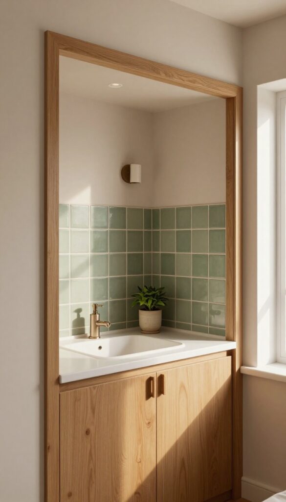A built-in nook in a living room with a tiled backsplash and a wash basin, styled with a plant and soap dispenser.