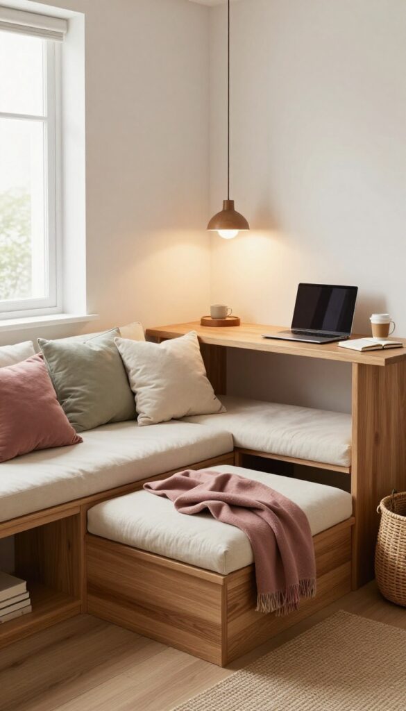 Cozy living room corner with built-in banquette and desk, warm wood tones, cream cushions, sage and dusty rose pillows, pendant light, laptop and coffee cup, natural light