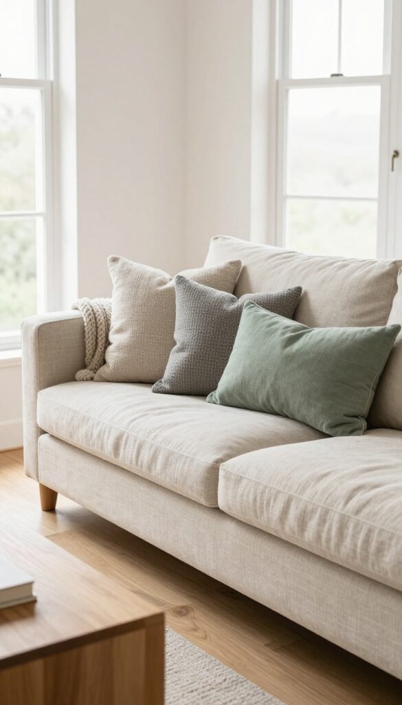 Low-back sofa in a small living room under a window, styled with cozy textiles and natural light.
