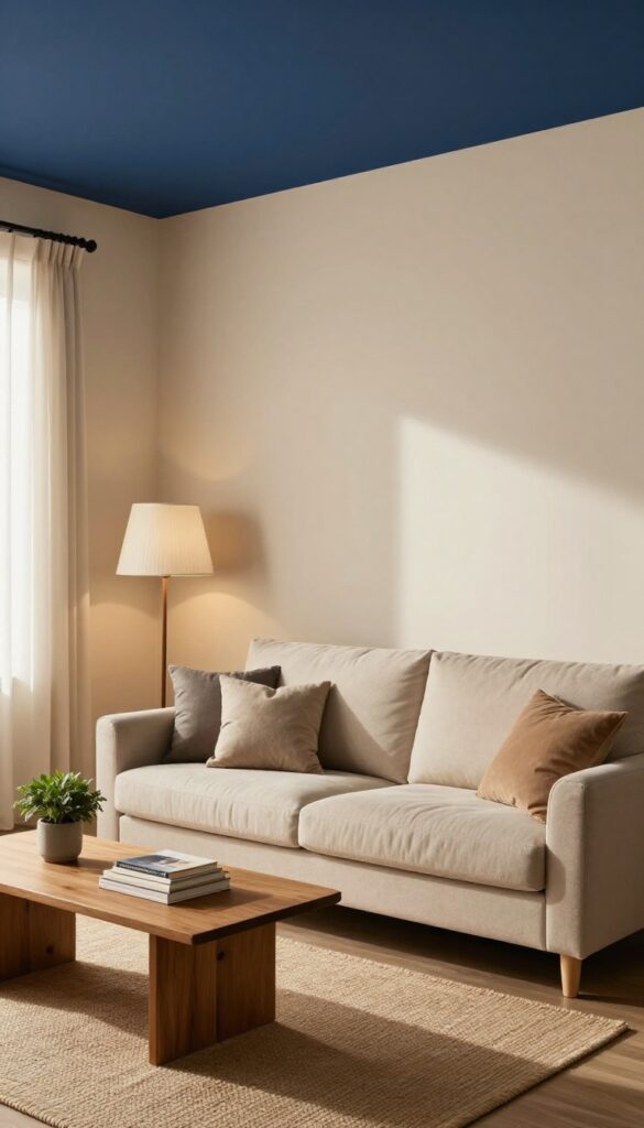 Cozy living room with light walls and a deep navy accent ceiling, creating a warm cocoon effect