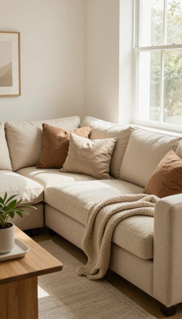 Compact L-shaped sectional sofa tucked into a corner of a small living room with natural light, throw pillows, and a potted plant.