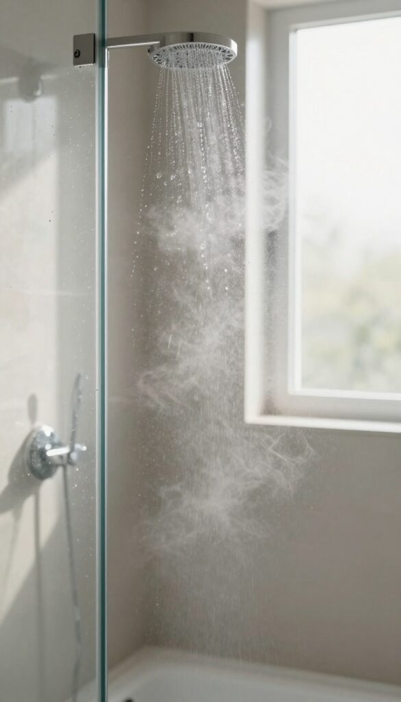 Hot water rinsing a glass shower door before cleaning