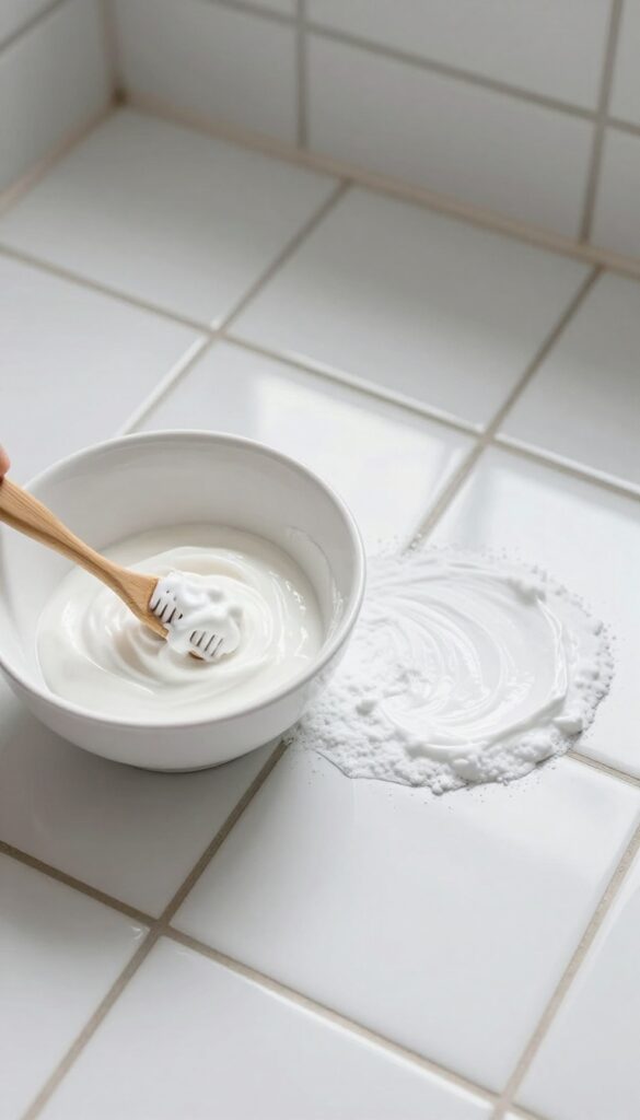 Close-up of bathroom tile grout being cleaned with hydrogen peroxide and baking soda paste, showing before and after effect.