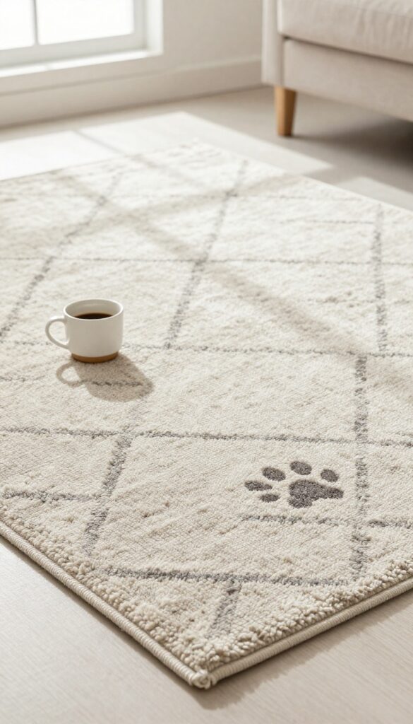 Washable rug in small living room with coffee cup and dog paw print, natural light, neutral geometric pattern