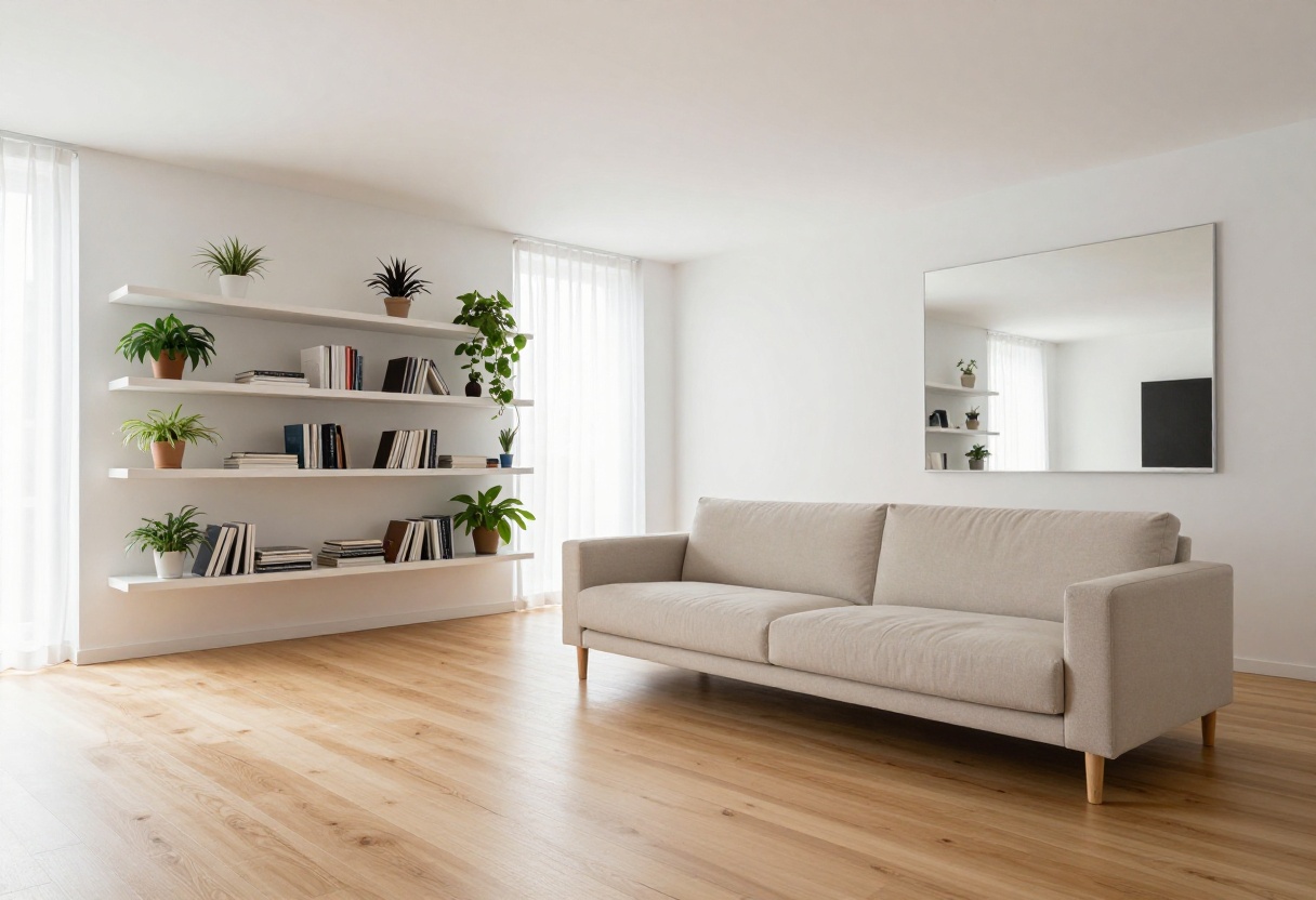 Bright and airy mobile home living room with modern decor, light colors, and smart storage solutions.