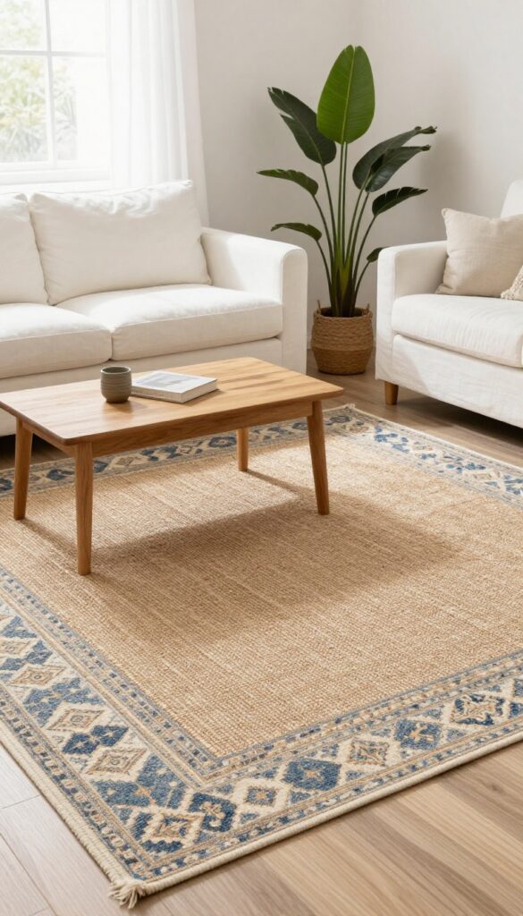 Layered jute and patterned rugs in a bright cottage living room