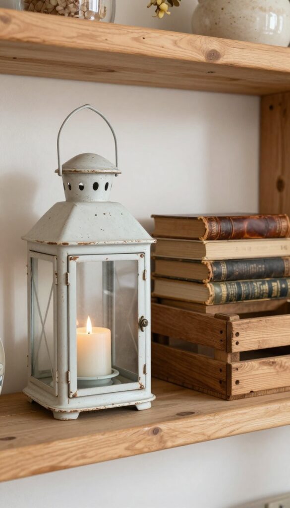 Rustic shelf decor with vintage lantern, stoneware crock, dried hydrangeas, and old books on a wooden mantel