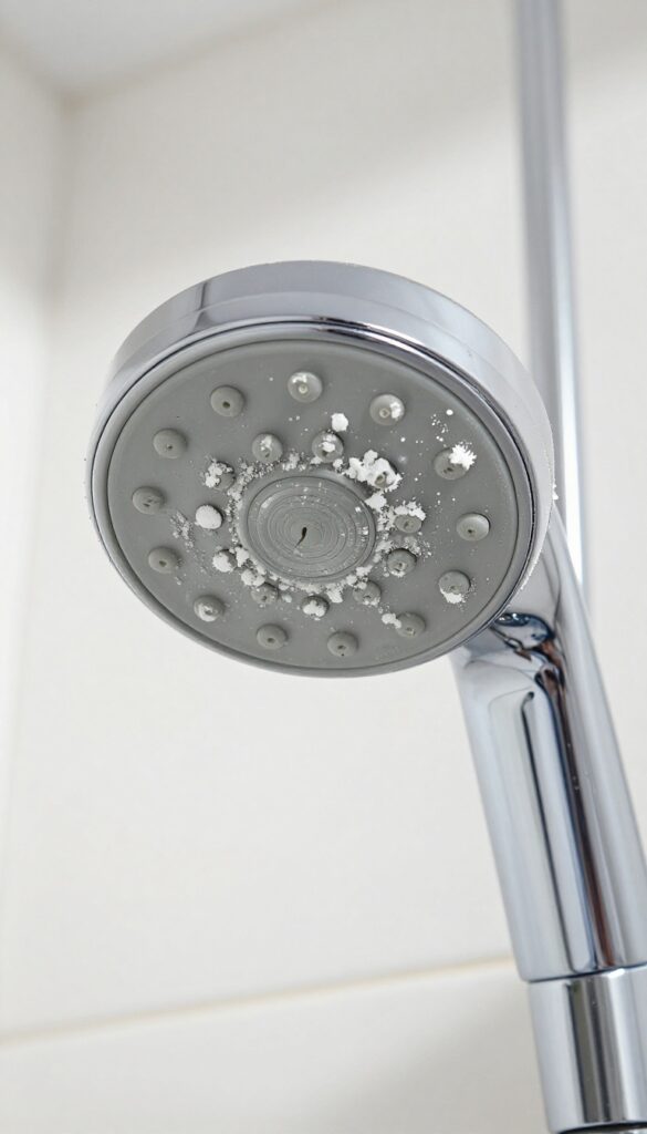 Close-up of a shower head with white chalky limescale buildup