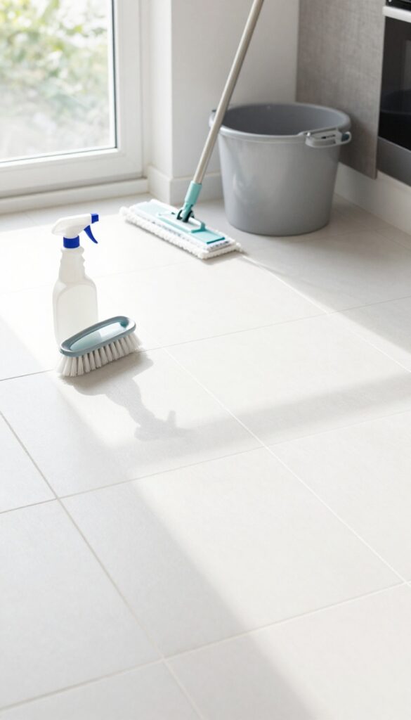 Regular maintenance routine for bright grout lines with cleaning tools on a clean tiled floor