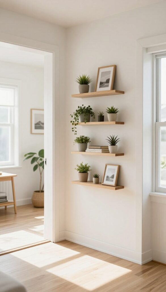 Vertical wall-mounted floating shelves with plants, books, and decor in a bright single wide living room.