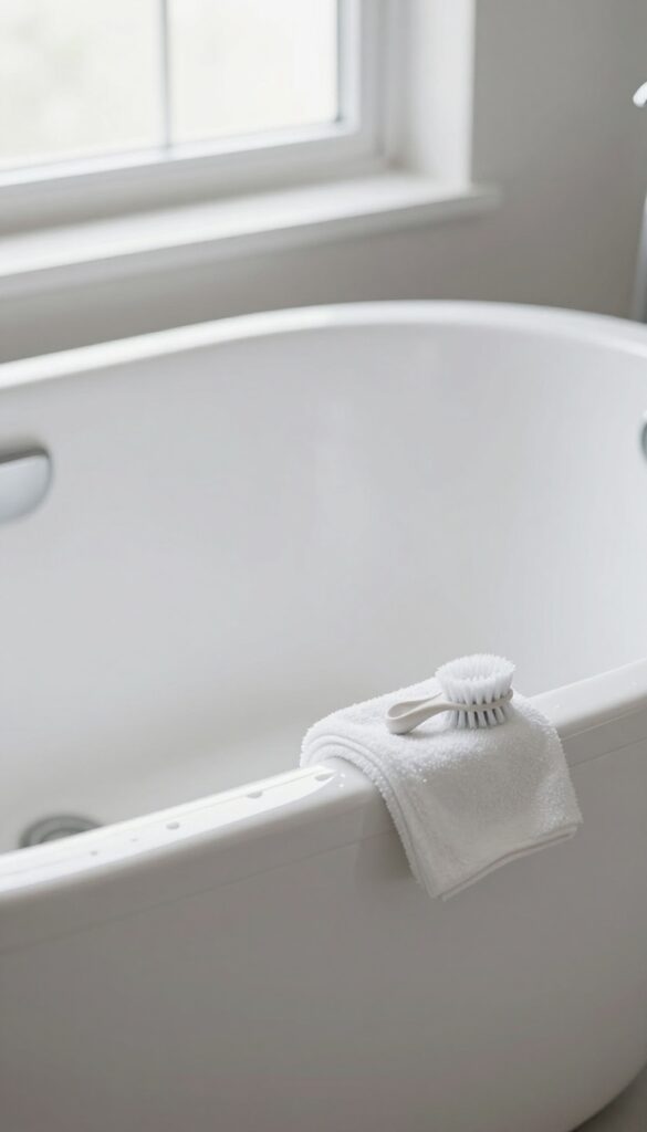 Clean dry jetted bathtub with microfiber cloth and brush in bright natural light