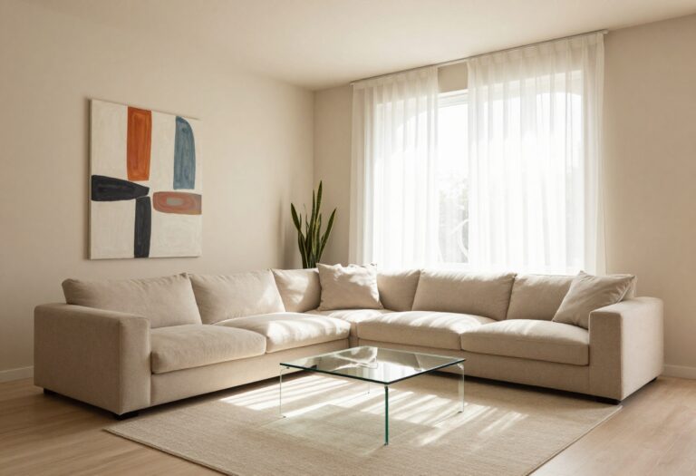 Modern living room with neutral decor, large window, and abstract art