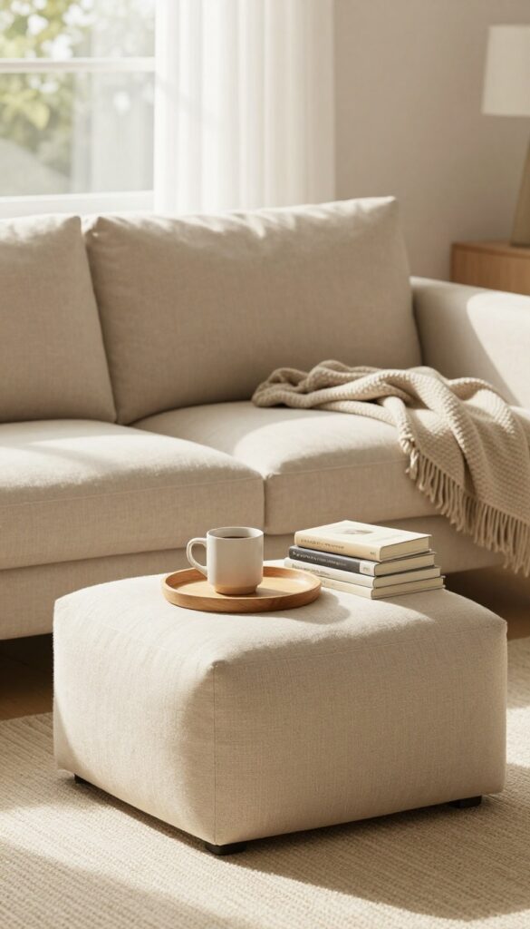 A fabric ottoman with hidden storage in a cozy living room, styled with a tray and books on top.