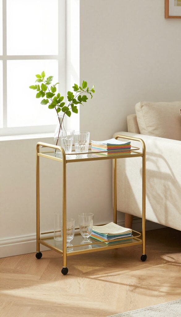 Small living room with dining nook and a gold bar cart styled with glassware and greenery
