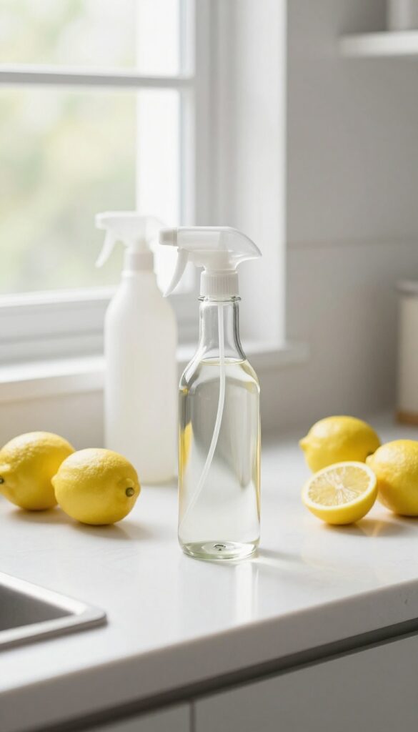 All-purpose vinegar spray on a kitchen countertop with lemons and a vinegar bottle