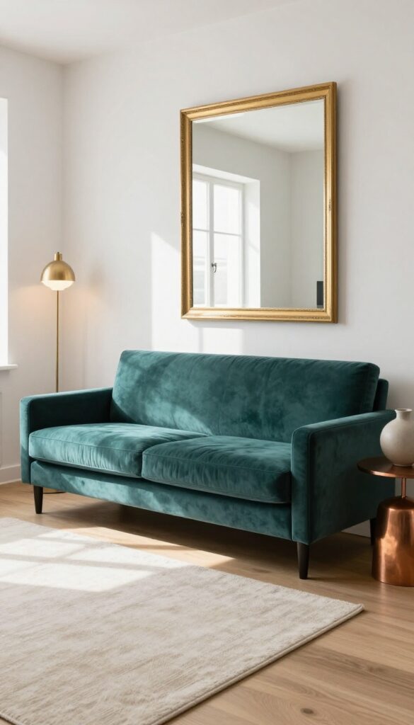 Teal velvet sofa with gold-framed mirror, brass floor lamp, and copper side table in a bright modern living room.