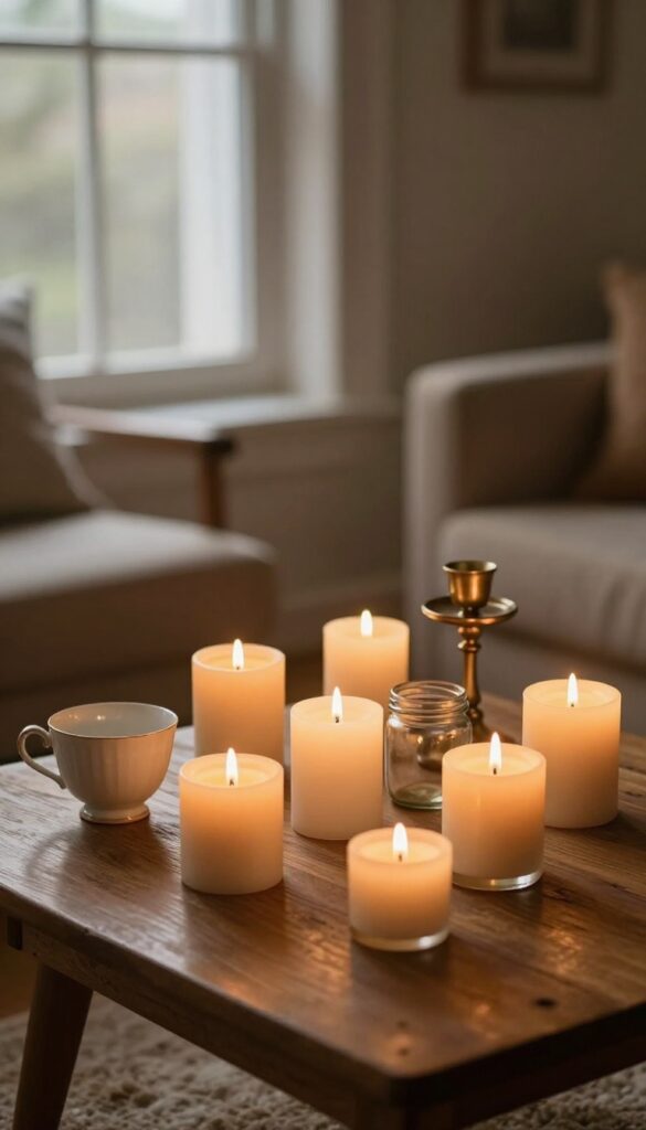DIY candles in thrifted containers on a wooden coffee table in a cozy living room