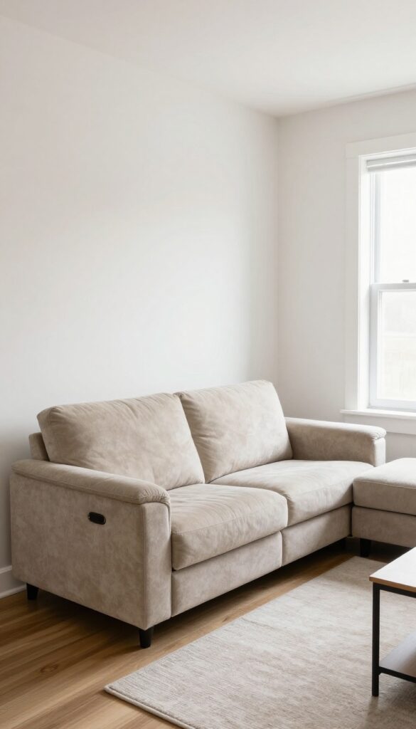 Compact loveseat and single recliner in a small living room with natural light