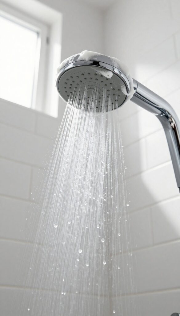 Close-up of a shower head coated with a fizzy baking soda and vinegar paste, with bubbles and natural light