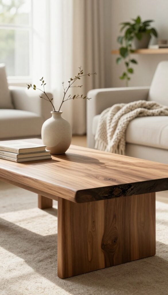 Live-edge walnut coffee table with ceramic vase and books in cozy living room