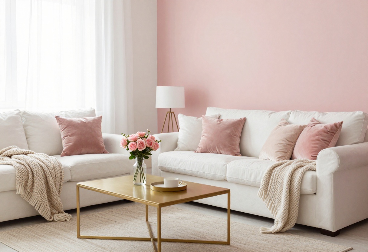 Cozy girly living room with blush wall, velvet pillows, and fresh flowers