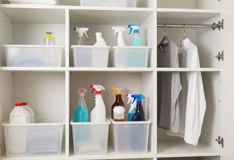 Organized cleaning supply closet with labeled bins, spray bottles on a tension rod, and mops hung on hooks.