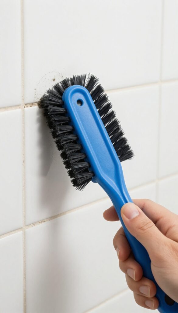 Hand using a grout brush to scrub mold from shower tile grout