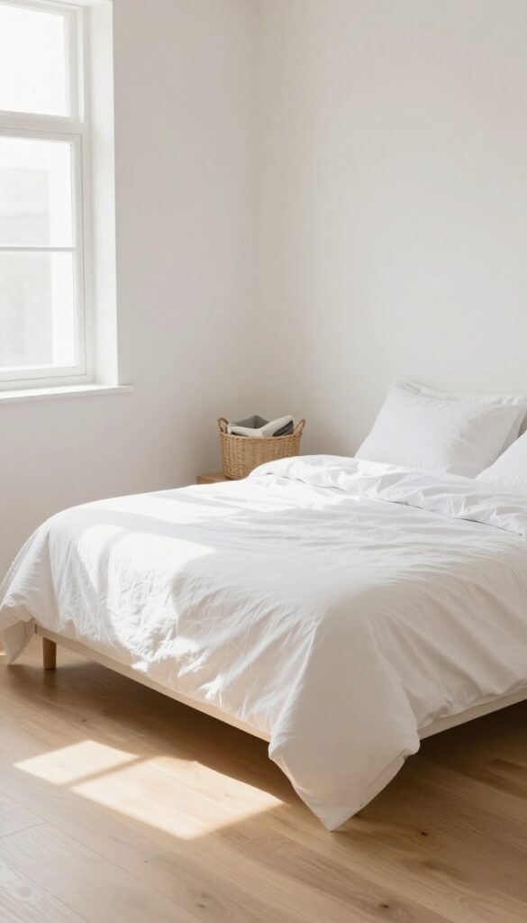 Clean bedroom floor with no clutter, bright natural light, tidy and spacious feel
