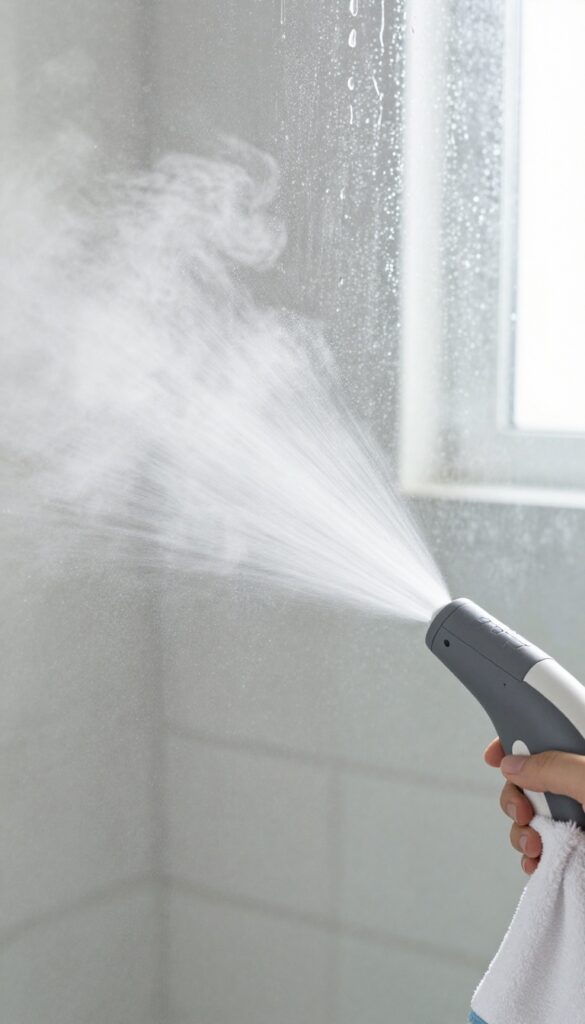 Steam cleaner blasting soap scum on a glass shower door