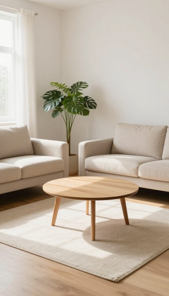 A cozy small living room with a cream rug anchoring the seating area, light wood furniture, and soft natural light