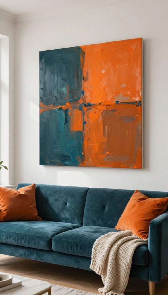 Large abstract art with bold colors above a velvet sofa in a bright living room