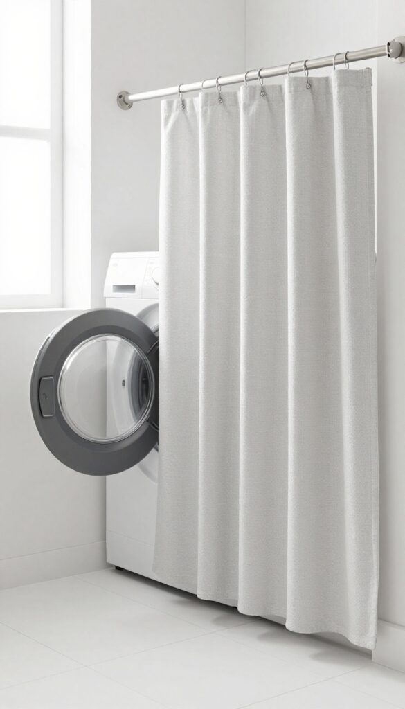 Fabric shower curtain being removed from a washing machine in a bright modern bathroom