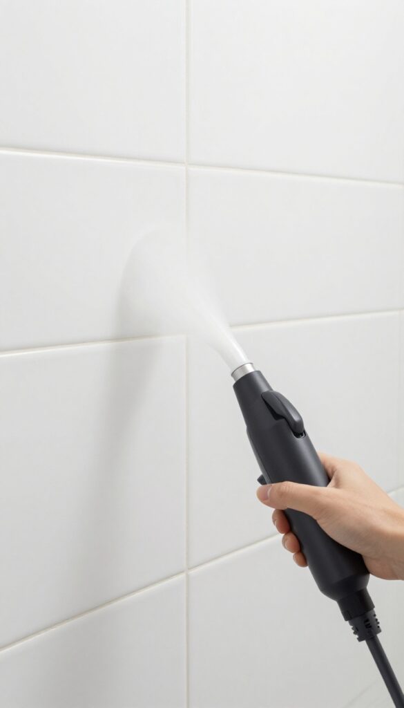 Handheld steam cleaner cleaning grout lines on shower tiles