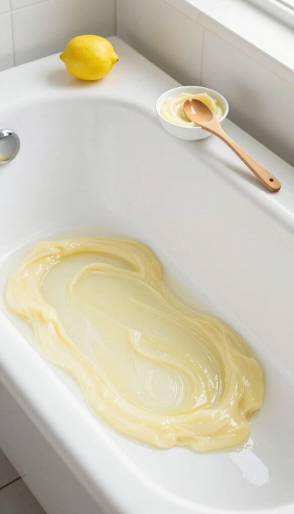 Borax and lemon juice paste being applied to a bathtub for deep cleaning