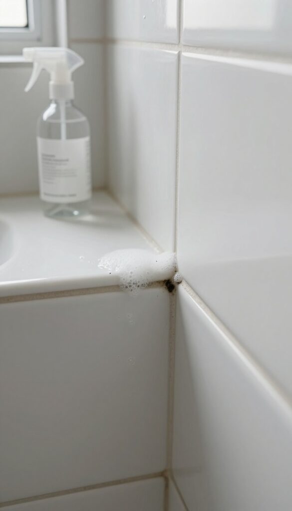 Hydrogen peroxide fizzing on moldy grout in a clean shower