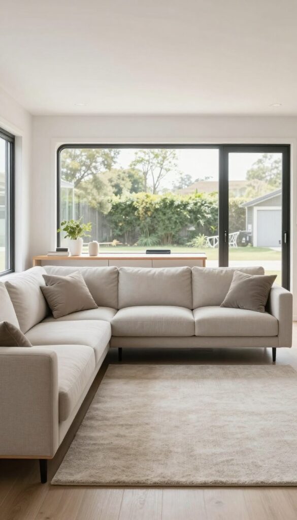 Floating furniture in a mobile home living room with a sofa pulled away from the wall, console table behind, and natural light creating an open, airy feel.