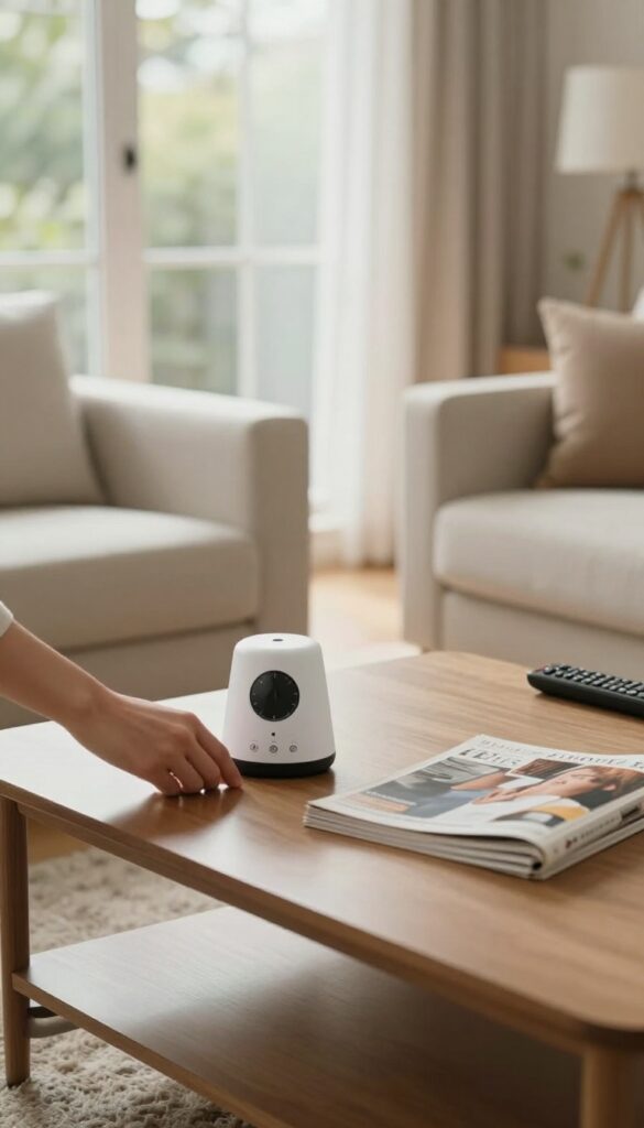 Person setting a timer in a tidy living room with natural light