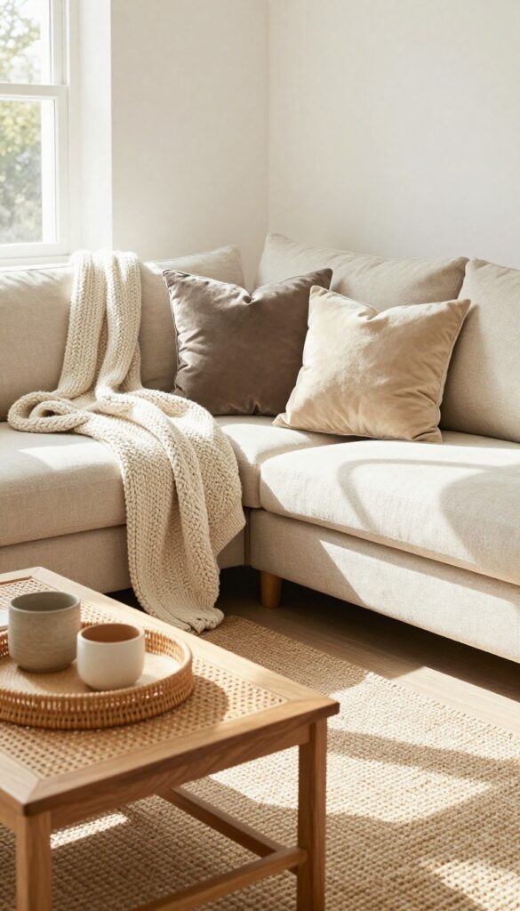 Beige sofa with layered textured throws and cushions in neutral tones, living room with natural light