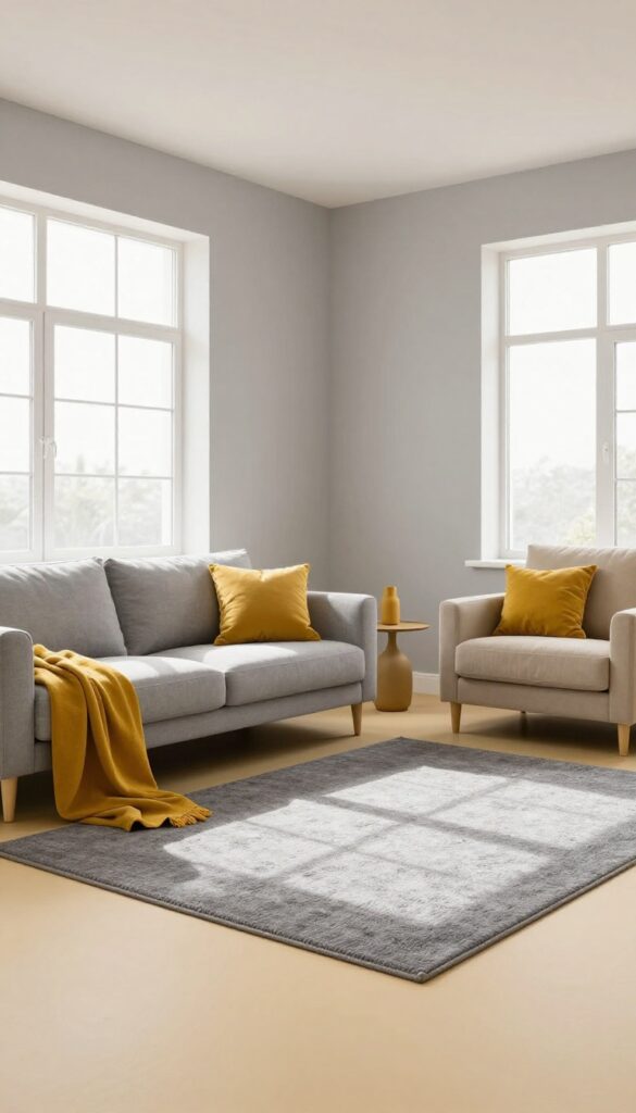 Modern living room with cohesive color palette of gray, beige, and mustard yellow accents.