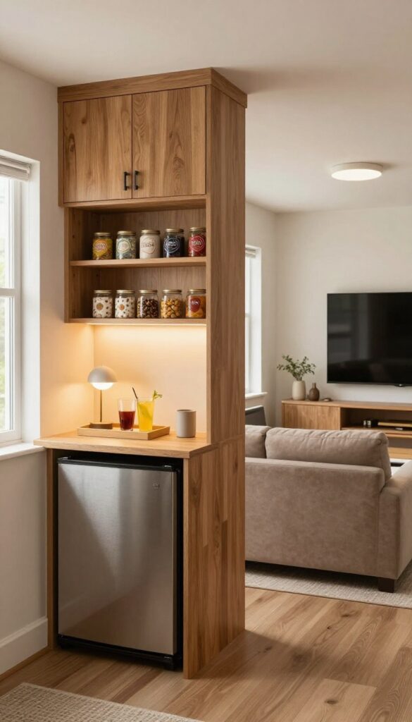 Cozy basement living room with built-in snack station, warm wood cabinetry, and soft lighting