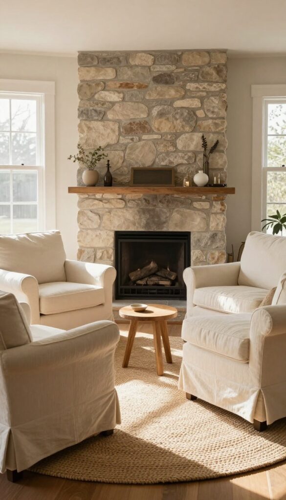Two cream armchairs angled toward a stone fireplace in a bright, cozy living room with a round jute rug and side table.