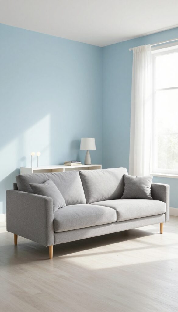 Light and airy living room with a low-back sofa in warm gray, floating in the room with a slim console table behind it and floor lamps on either side.