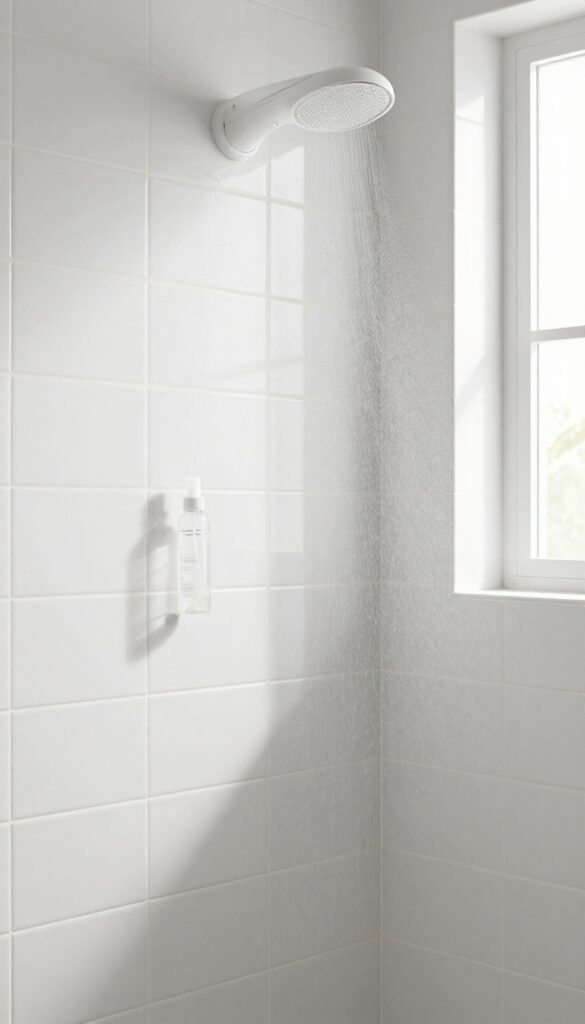 Close-up of a spray bottle misting clean shower grout in bright natural light