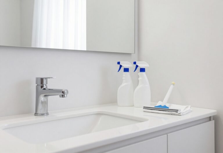 Clean bathroom sink with cleaning tools arranged on counter