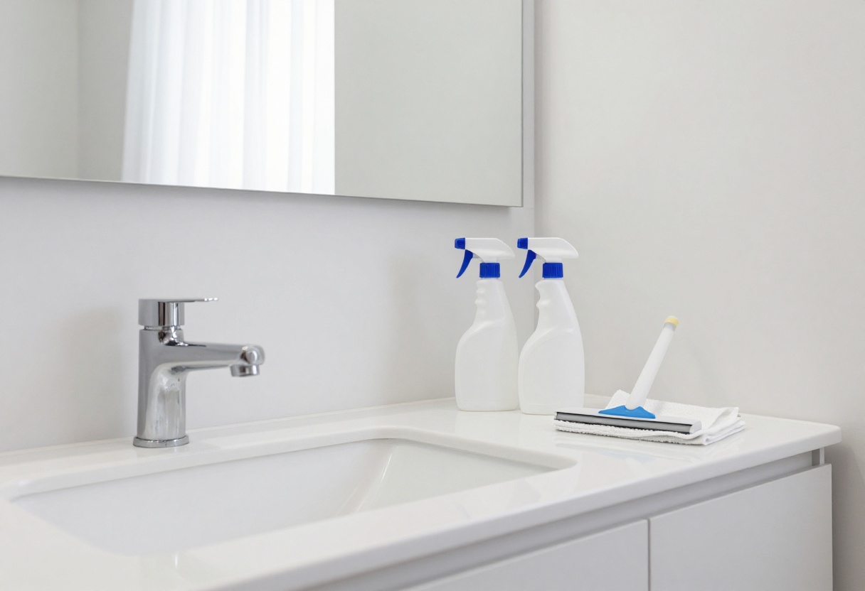 Clean bathroom sink with cleaning tools arranged on counter