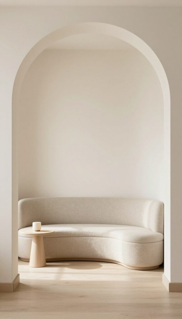 Curved bench under a living room archway creating a cozy reading nook